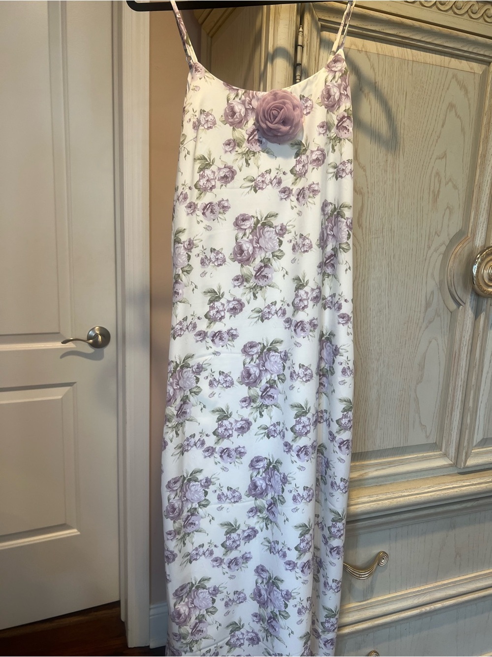 Ivory Maxi Slip Dress with Lavender Rose Print